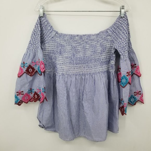 Loft Ann Taylor Blue and White Striped Smocked Top Shirt Size Medium Petite - Picture 2 of 10